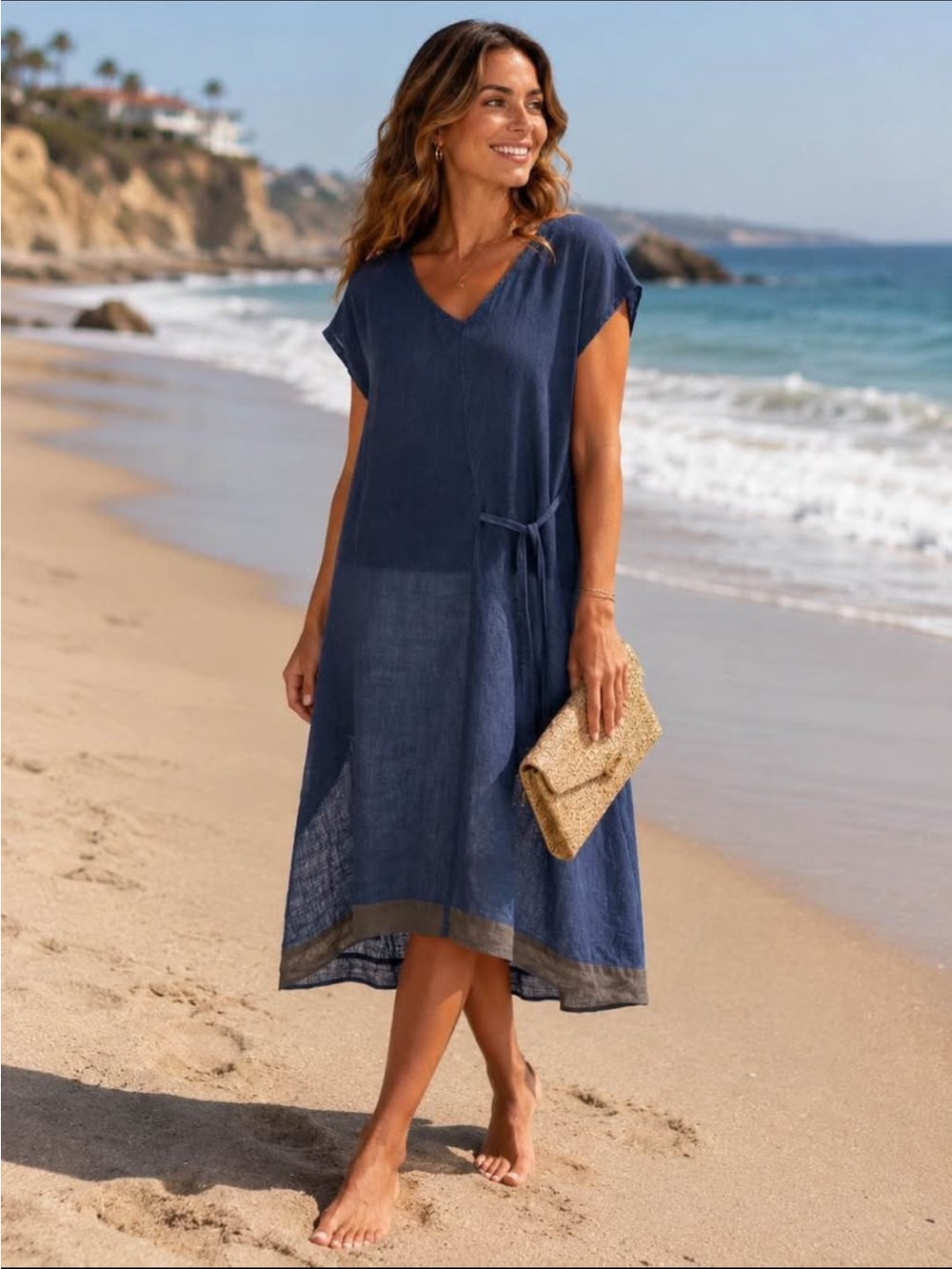 Sandwich Relaxed Navy V-Neck Beach Coverup Dress with Side Tie